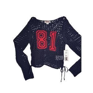 Guess Originals Women's Crochet Crew Neck Crop Graphic Sweater Color Navy Medium